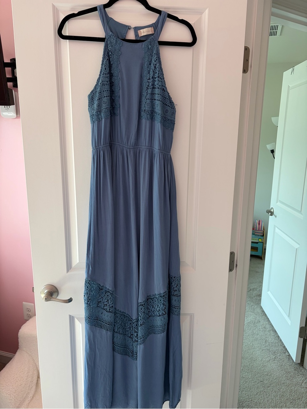 Altar'd State Dusty Blue Crochet-Trim Maxi Dress